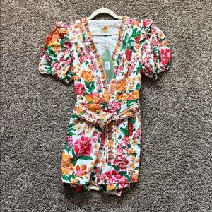 FARM RIO Romper L Floral Off-White Flowerful Sketch Belted NEW